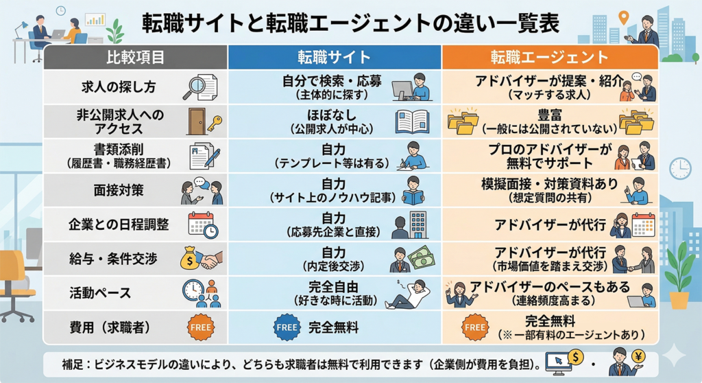 転職サイトとエージェントの違いを一覧で比較